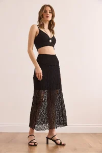 Olalook Women's Black Lined Asymmetrical Stitched Lace Skirt - Image 5