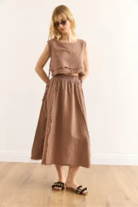 Olalook Women's Brown Elastic Waist Dirty Stitching Muslin Skirt - Image 2