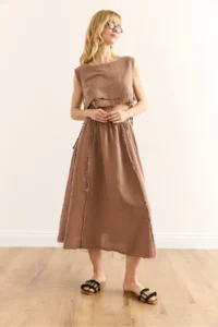 Olalook Women's Brown Elastic Waist Dirty Stitching Muslin Skirt - Image 3