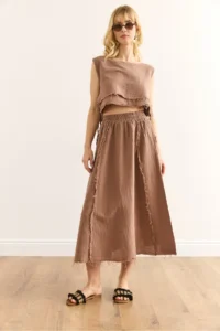 Olalook Women's Brown Elastic Waist Dirty Stitching Muslin Skirt - Image 4