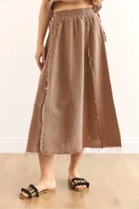 Olalook Women's Brown Elastic Waist Dirty Stitching Muslin Skirt - Image 5