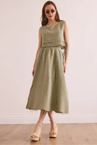 Olalook Women's Khaki Elastic Waist Dirty Stitching Muslin Skirt