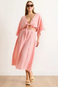 Olalook Women's Pink Elastic Waist Dirty Stitching Muslin Skirt