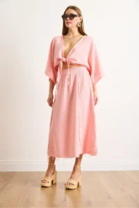 Olalook Women's Pink Elastic Waist Dirty Stitching Muslin Skirt - Image 2