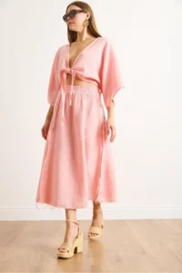 Olalook Women's Pink Elastic Waist Dirty Stitching Muslin Skirt - Image 3