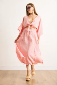 Olalook Women's Pink Elastic Waist Dirty Stitching Muslin Skirt - Image 4