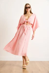 Olalook Women's Pink Elastic Waist Dirty Stitching Muslin Skirt - Image 5