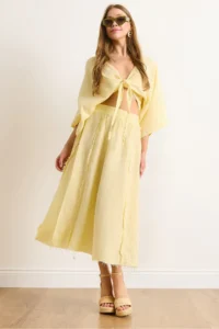 Olalook Women's Yellow Elastic Waist Dirty Stitching Muslin Skirt