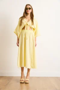 Olalook Women's Yellow Elastic Waist Dirty Stitching Muslin Skirt - Image 2