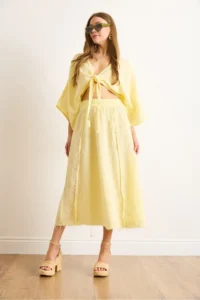 Olalook Women's Yellow Elastic Waist Dirty Stitching Muslin Skirt - Image 3