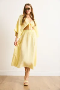 Olalook Women's Yellow Elastic Waist Dirty Stitching Muslin Skirt - Image 4