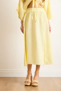 Olalook Women's Yellow Elastic Waist Dirty Stitching Muslin Skirt - Image 5