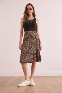 Olalook Women's Leopard Camel Frilled Corded Flowy Skirt - Image 2
