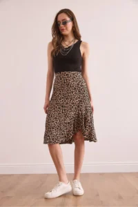 Olalook Women's Leopard Camel Frilled Corded Flowy Skirt - Image 3