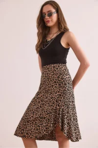 Olalook Women's Leopard Camel Frilled Corded Flowy Skirt - Image 5