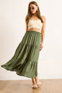 Olalook Women's Khaki Layered Flowy Midi Woven Skirt