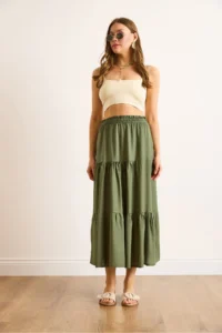 Olalook Women's Khaki Layered Flowy Midi Woven Skirt - Image 2