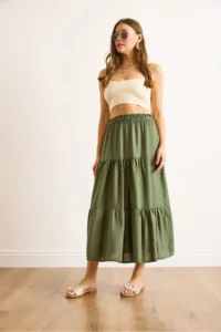 Olalook Women's Khaki Layered Flowy Midi Woven Skirt - Image 3