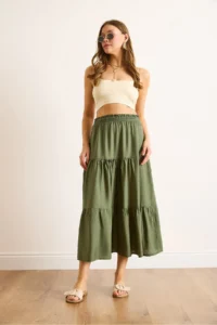 Olalook Women's Khaki Layered Flowy Midi Woven Skirt - Image 4