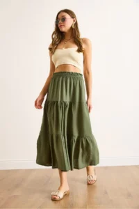 Olalook Women's Khaki Layered Flowy Midi Woven Skirt - Image 5
