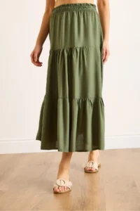 Olalook Women's Khaki Layered Flowy Midi Woven Skirt - Image 6