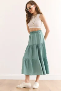 Olalook Women's Mint Green Layered Flowy Midi Woven Skirt