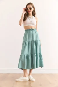 Olalook Women's Mint Green Layered Flowy Midi Woven Skirt - Image 2