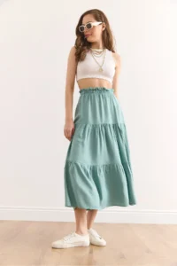 Olalook Women's Mint Green Layered Flowy Midi Woven Skirt - Image 3