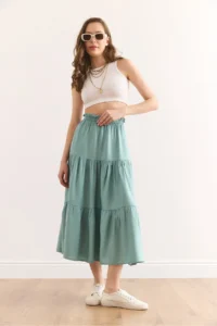 Olalook Women's Mint Green Layered Flowy Midi Woven Skirt - Image 4