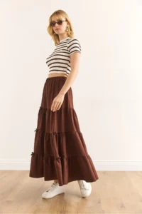 Olalook Women's Bitter Brown Bow Detailed Partial Bell Skirt - Image 2