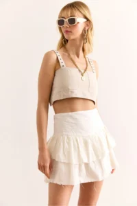 Olalook Women's Ecru Shorts Flounce Zippered Mini Linen Skirt - Image 2
