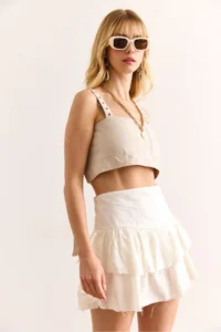 Olalook Women's Ecru Shorts Flounce Zippered Mini Linen Skirt - Image 3
