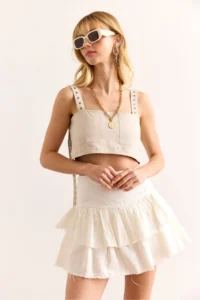 Olalook Women's Ecru Shorts Flounce Zippered Mini Linen Skirt - Image 4