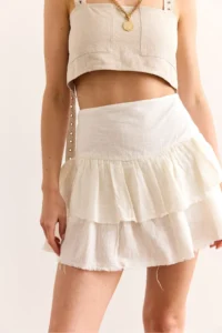 Olalook Women's Ecru Shorts Flounce Zippered Mini Linen Skirt - Image 5
