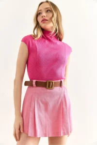 Olalook Women's Pink Belted Gabardine Skirt with Shorts - Image 4
