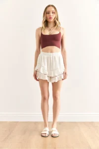 Olalook Women's White Elastic Waist Guipure Striped Mini Skirt with Shorts - Image 2