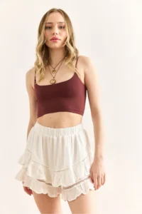 Olalook Women's White Elastic Waist Guipure Striped Mini Skirt with Shorts - Image 3