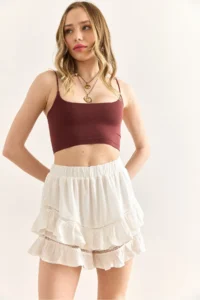 Olalook Women's White Elastic Waist Guipure Striped Mini Skirt with Shorts - Image 4
