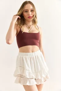 Olalook Women's White Elastic Waist Guipure Striped Mini Skirt with Shorts - Image 5