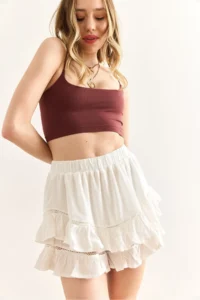 Olalook Women's White Elastic Waist Guipure Striped Mini Skirt with Shorts - Image 7