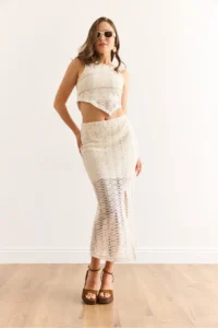 Olalook Women Ecru Lined Cotton Lace Skirt - Image 2