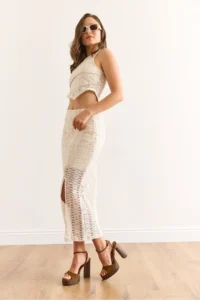 Olalook Women Ecru Lined Cotton Lace Skirt - Image 3