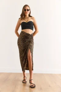 Olalook Women's Brown Leopard Skirt with Slit on One Side and Gather Detail - Image 2