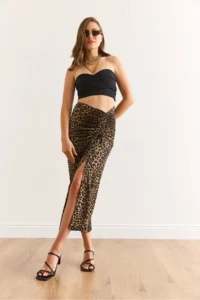 Olalook Women's Brown Leopard Skirt with Slit on One Side and Gather Detail - Image 3
