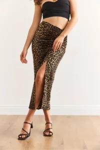 Olalook Women's Brown Leopard Skirt with Slit on One Side and Gather Detail - Image 4