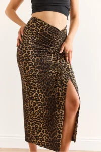 Olalook Women's Brown Leopard Skirt with Slit on One Side and Gather Detail - Image 5