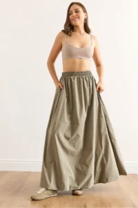 Olalook Women's Khaki Elastic Waist Maxi Balloon Parachute Bell Skirt