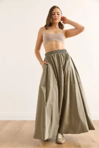 Olalook Women's Khaki Elastic Waist Maxi Balloon Parachute Bell Skirt - Image 2