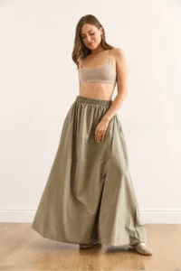 Olalook Women's Khaki Elastic Waist Maxi Balloon Parachute Bell Skirt - Image 3