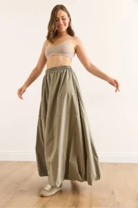 Olalook Women's Khaki Elastic Waist Maxi Balloon Parachute Bell Skirt - Image 4